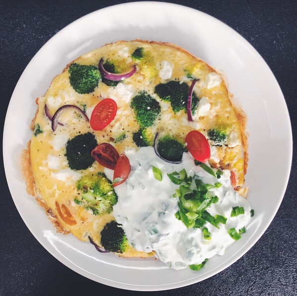 omelet,veggies,broccoli,onion,tomato,feta,yogurt,scallion,food