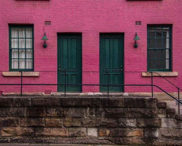 fem,wall,color,door,house,architecture,pink,blue,summer,wall,door,window,green,pink,background,brick,architecture,building,the rocks,sydney,railing