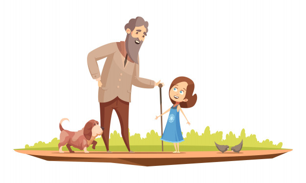 Free: Old man senior character with cane walking with little girl and doggy  outside retro cartoon poster vector illustration Free Vector 