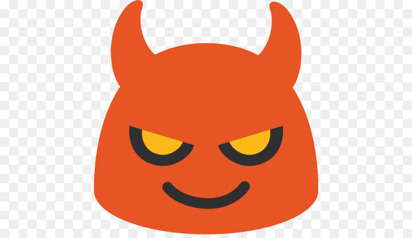 emoji,devil,emoticon,smiley,smile,evil,computer icons,android,sticker,happiness,emojipedia,android nougat,emotion,yellow,snout,fictional character,headgear,orange,red,png