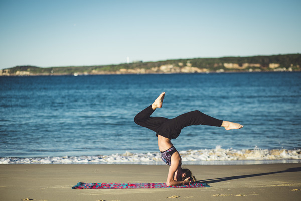 yoga,fitness,exercise,health,working out,pose,girl,woman,people,blue,sky,beach,sand,water,ocean,sea,sunshine,summer