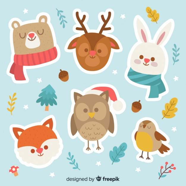floral,tree,winter,nature,bird,animal,forest,leaves,animals,bear,owl,deer,reindeer,fox,stickers,cold,bunny,scarf,handdrawn,season