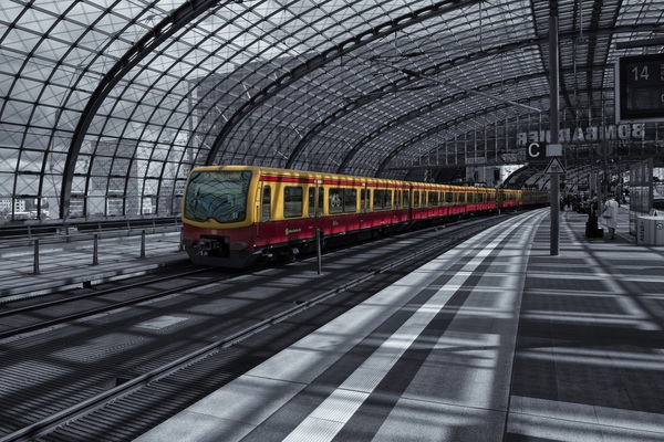 tunnel,transportation system,train station,train,station,selective color,railway station,railway,platform,building,berlin,architecture