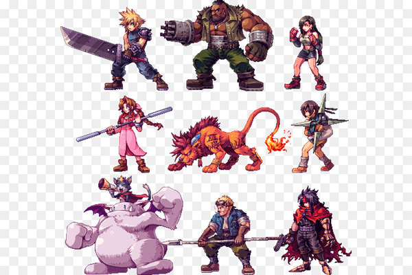 final fantasy vii,cloud strife,vincent valentine,barret wallace,yuffie kisaragi,tifa lockhart,zack fair,sephiroth,aerith gainsborough,sprite,japanese roleplaying game,video game,shinra electric power company,cid,final fantasy,fictional character,toy,figurine,action figure,animal figure,png