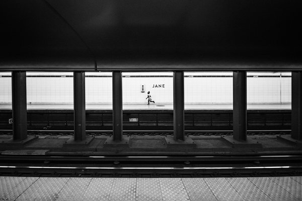  girl,jane,hurry,subway,running,subway tile,subway station, black  white