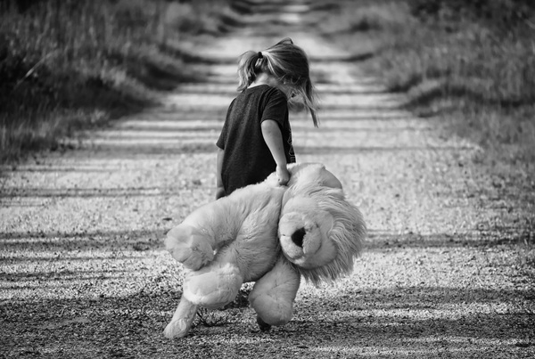 black-and-white,child,cute,dirt road,kid,road,teddy bear,toy,walking,young,Free Stock Photo