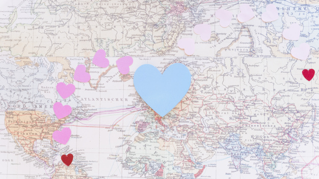 heart,card,love,paper,map,blue,table,pink,world map,world,idea,art,valentines day,holiday,white,shape,location,decoration,creative,modern