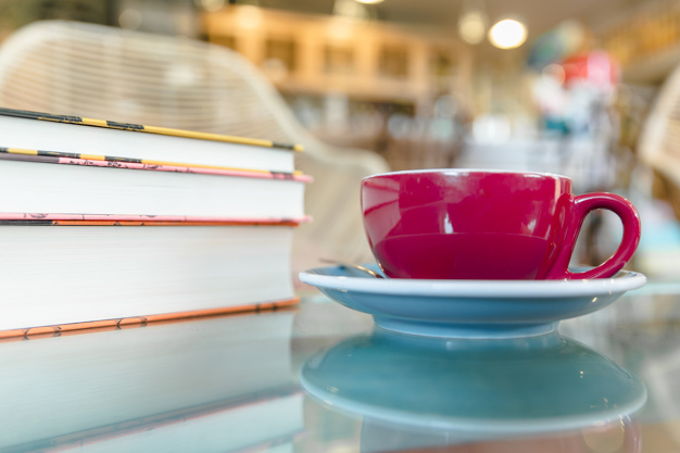 coffee,book,education,blue,table,red,books,tea,cafe,colorful,study,coffee cup,glass,drink,desk,cup,breakfast,plate,spoon,mug