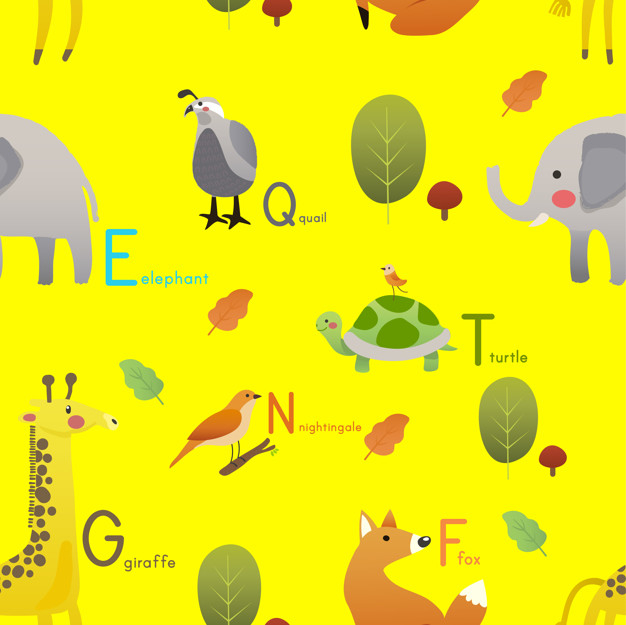 pattern,bird,alphabet,animals,elephant,fox