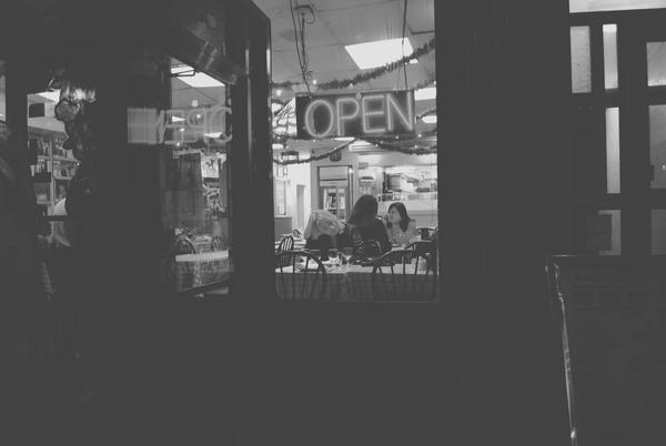city,cafe,shop,coffee,woman,customers,open,neon,sign,black &amp; white,vintage