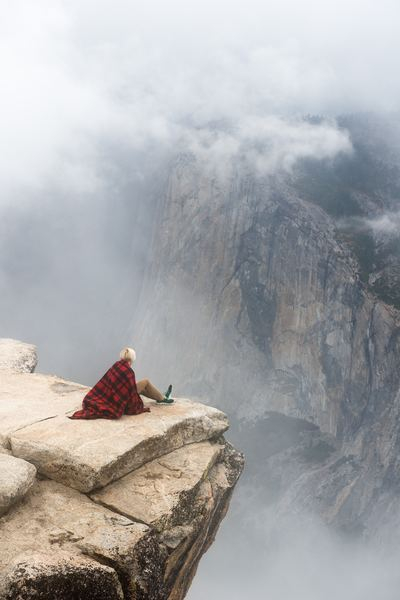 person,man,woman,mountain,rock,forest,red,girl,travel,mountain,cloud,rock,fog,cloudy,female,lady,cliff,plaid,adventure,fear,ledge