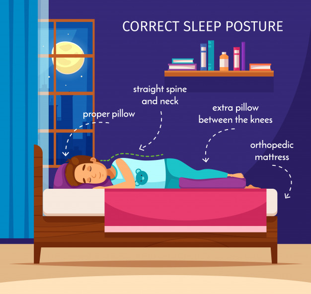 proper,restful,upside,sleepless,tilt,length,orthopedic,pose,side,composition,posture,position,relaxation,rest,wrong,correct,right,spine,activity,pain,wellness,good,meditation,care,relax,bed,healthy,sleep,body,person,human,cartoon,medical,woman,children