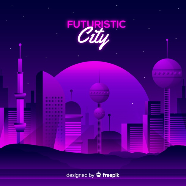 skyscrapers,smart city,smart,urban,town,connection,shine,future,futuristic,tech,night,flat,neon,purple,digital,light,building,city,technology,business,background