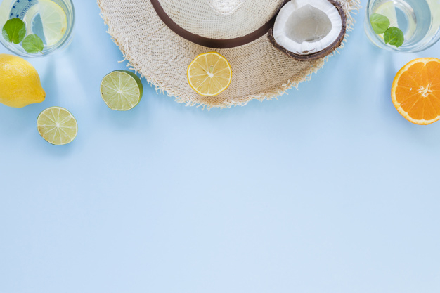copy space,overhead,lay,arrangement,straw hat,accessory,exotic,composition,surface,cracked,citrus,copy,big,horizontal,resort,delicious,flat lay,object,lime,straw,top view,top,season,decor,bright,beautiful,view,fresh,simple,brown,vacation,lemon,coconut,cocktail,organic,hat,desk,glass,decoration,flat,yellow,holiday,tropical,colorful,fruits,orange,space,fruit,table,sea,beach,blue,green,summer,blue background,design,travel,food,background
