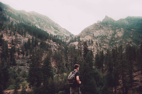 adventure,backpack,clouds,daylight,fog,hike,hiking,landscape,man,mountain peak,mountains,nature,outdoors,outside,person,scenery,scenic,sky,trees,woods,Free Stock Photo