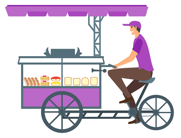 cart,illustration,cook,design,flat,food,mobile,street,street food,vendor,wheels,disabled,man,people,happy,cyclist,person,smiling,bicycle,male