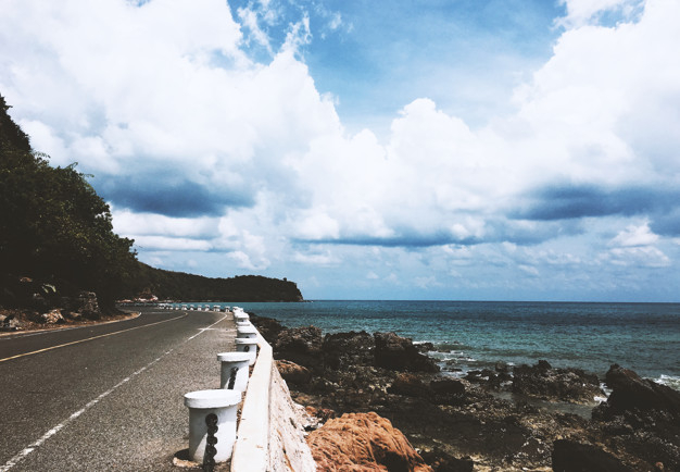 sea,road,sky,ocean,trees,view,cloudy,cliff,area,riverside,hilly,hilly area,outskirt