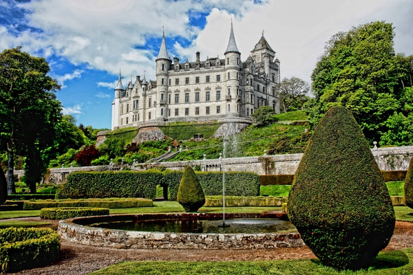 trees,structure,scotland,lawn,landscape,landmark,garden,fountain,dunrobin castle,clouds,castle,building,architecture