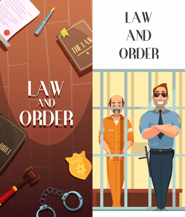 Free: Law and justice cartoon banners set with convict in jail behind bars  retro 