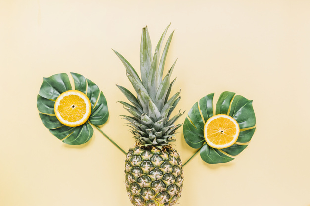 background,food,light,space,leaves,orange,fruits,tropical,yellow,flat,plant,yellow background,flower background,orange background,organic,natural,food background,healthy,pineapple