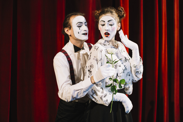people,leaf,man,character,paint,red,rose,face,art,circus,makeup,white,curtain,theater,life,female,together,young,woman face,fresh