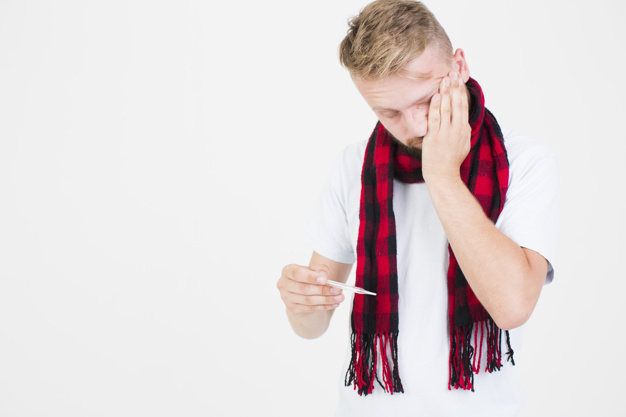 background,hand,medical,man,red,red background,health,space,white background,white,person,tshirt,medical background,background red,cold,sad,care,healthcare,scarf,thermometer