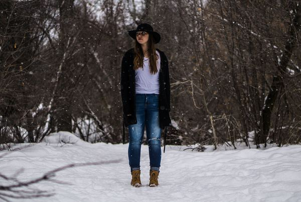 brown,wood,forest,grad,fashion,editorial,shirt,woman,lady,female,woman,young female,snowing,outdoors,snow,girl,boot,tree,forest,lifestyle,teenager