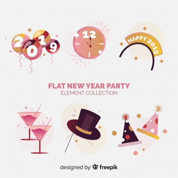 new year,happy new year,party,clock,celebration,happy,holiday,event,happy holidays,flat,new,hat,cocktail,balloons,elements,drinks