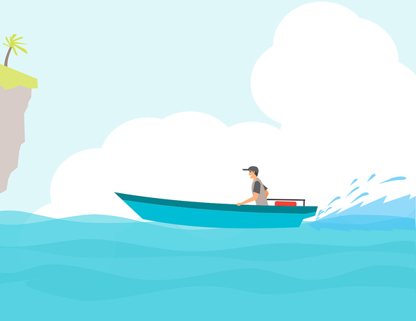 illustration,boat,design,flat,motorboat,sky,sea,water,ocean,beach,summer,vacation,travel,landscape,tropical,clouds,holiday,sun,sand