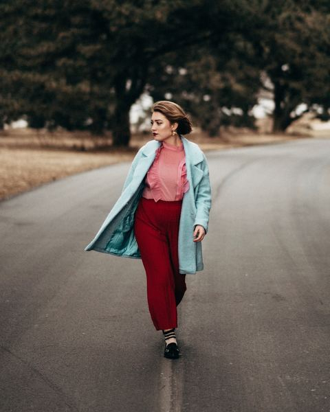 vog,woman,girl,fashion,woman,girl,woman,white,girl,portrait,female,woman,red pants,cold,winter,coat,red,blue,fashion,walking,blue coat,free images