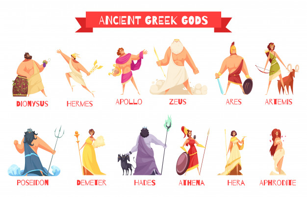 Free: Ancient greek gods 2 horizontal cartoon figures sets with dionysus  zeus poseidon aphrodite apollo athena Free Vector 