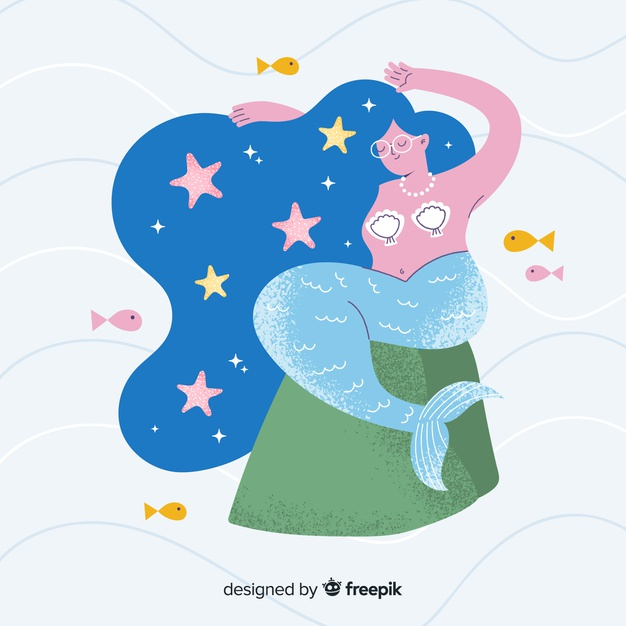 unreal,mythological,fantastic,tail,siren,drawn,portrait,imagination,marine,underwater,female,mermaid,colorful,hand drawn,fish,sea,character,girl,woman,hand,star,water,background