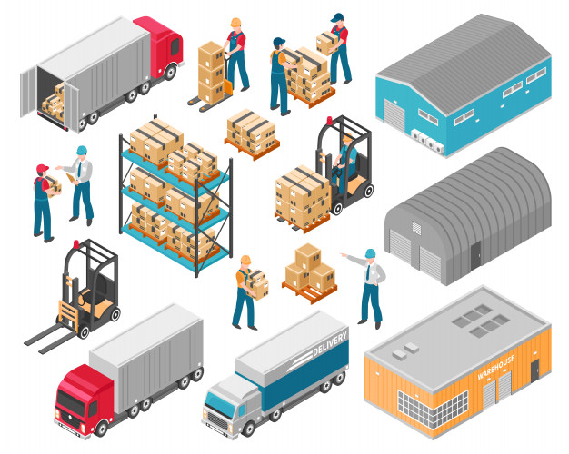 depot,distributor,shipment,facility,freight,loader,area,goods,merchandise,pallet,set,forklift,distribution,collection,manufacturing,storage,logistic,cargo,structure,container,warehouse,industrial,shipping,transportation,loading,machine,symbol,decorative,package,emblem,industry,transport,factory,architecture,isometric,3d,work,delivery,truck,icons,box,building,icon,car