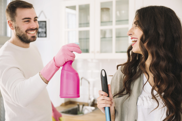 people,house,man,kitchen,home,happy,work,couple,cleaning,help,fun,clean,female,together,young,washing,gloves,young people,male,relationship