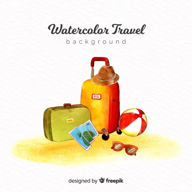 touristic,worldwide,baggage,traveler,traveling,journey,luggage,suitcase,holidays,background watercolor,trip,vacation,tourism,sunglasses,ball,hat,watercolor background,world,world map,map,travel,watercolor,background