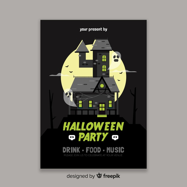 31st,celebration holiday,ready to print,treat,trick,boo,trick or treat,creepy,spooky,haunted,ready,haunted house,scary,happy halloween,october,death,halloween party,horror,ghost,print,flat design,flat,holiday,happy,celebration,template,house,halloween,design,party,music,poster,flyer
