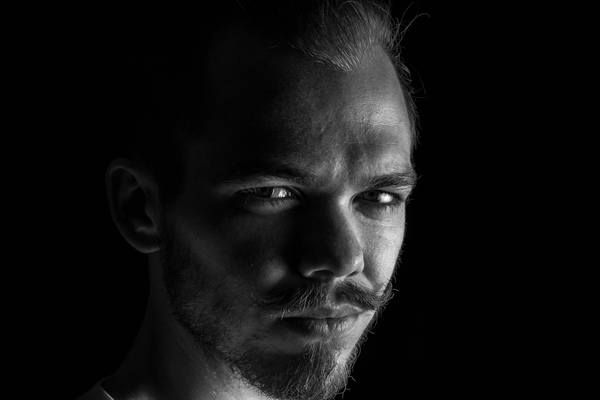 studio,photoshoot,person,mustache,monochrome,model,man,male,focus,facial hair,facial expression,close-up,blur,black-and-white,beard,adult