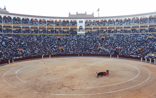 matador,bullfighter,torero,red,cape,ring,stadium,crowd,madrid,spain,flag,circle,spectators