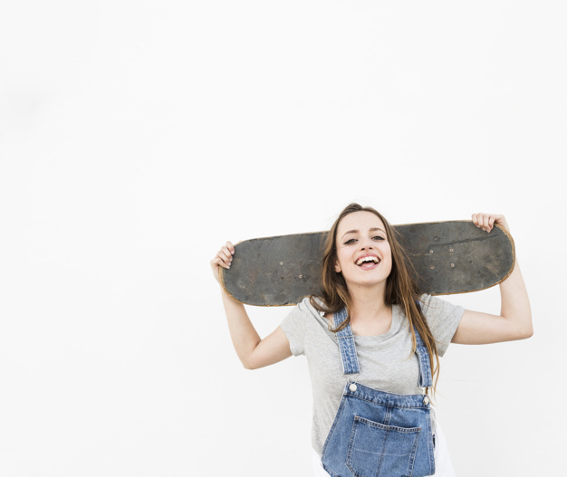 background,people,beauty,smile,happy,white background,board,person,backdrop,white,clothing,teenager,fun,lady,studio,female,young,skateboard,skate,happy people