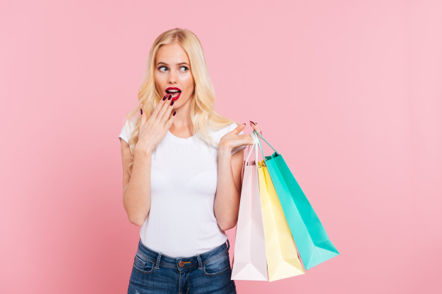 Photo of attractive shocked lady bright lipstick arms hold