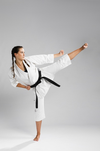 Free: Sideways karate woman in traditional white kimono on white background  Free Photo 