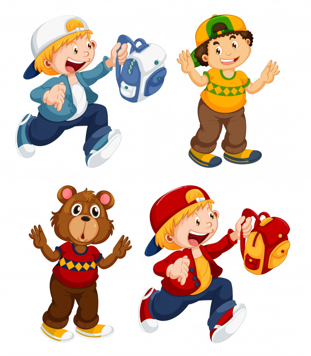 cheerful,childhood,clipart,set,male,clip,happiness,backpack,young,picture,fun,hat,drawing,boy,person,child,bear,kid,graphic,happy,smile,art,cute,student,animal,cartoon,character,children