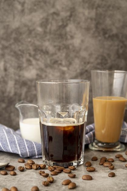 milk coffee,invigorating,brewed,front view,roasted,iced,caffeine,iced coffee,front,cappuccino,espresso,beans,beverage,towel,view,fresh,morning,breakfast,drink,glass,ice,milk,coffee