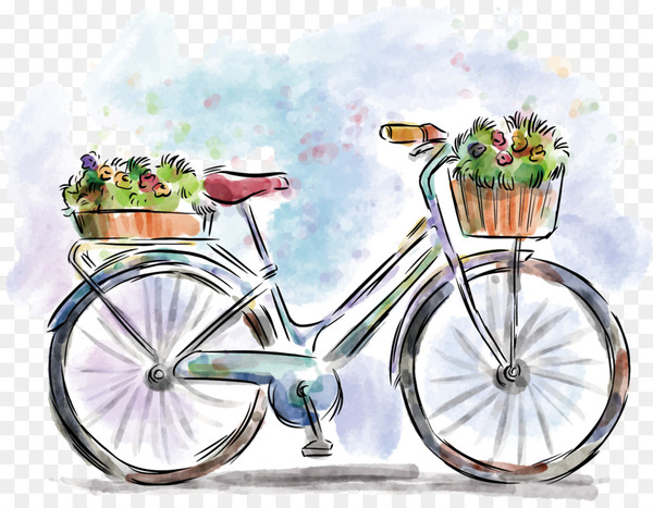 watercolor painting,bicycle,drawing,painting,art,canvas print,canvas,photography,bicycle wheel,vehicle,bicycle accessory,bicycle part,mode of transport,bicycle basket,watercolor paint,plant,bicycle frame,sports equipment,recreation,bicycle handlebar,bicycle tire,wildflower,flower,png