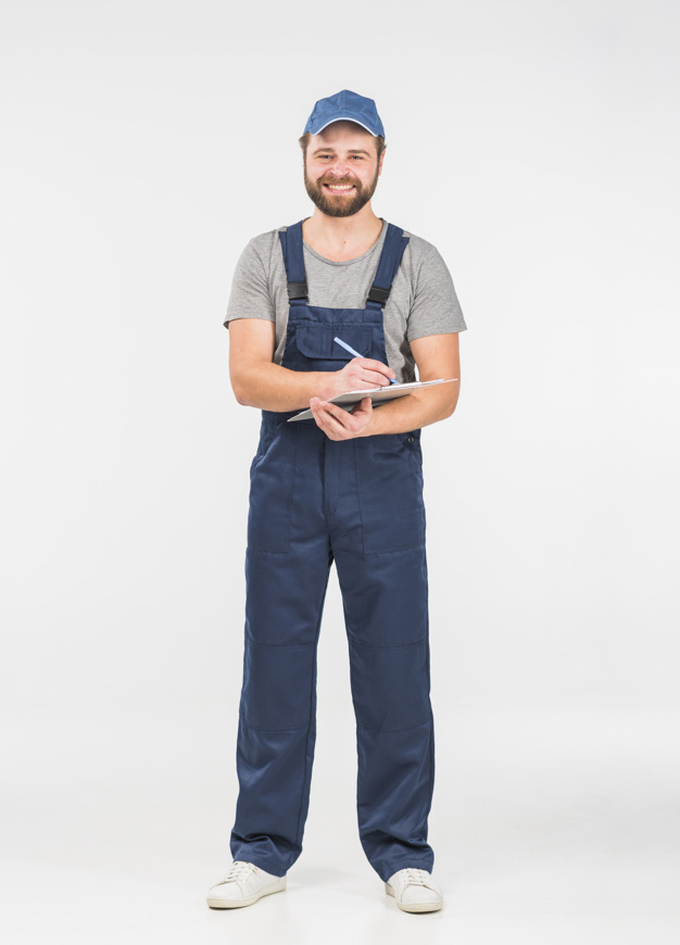 jumpsuit,looking at camera,studio shot,wan,foreman,laborer,overall,brunette,cheerful,repairman,handsome,standing,looking,smiling,technician,occupation,master,shot,handyman,adult,holding,guy,male,positive,clipboard,paper background,background white,professional,uniform,young,modern background,studio,engineer,mechanic,writing,cap,service,document,background blue,beard,data,modern,worker,job,person,pen,white,clothes,happy,white background,blue,man,camera,paper,blue background,background