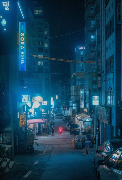 cyberpunk,city,urban,korea,seoul,city,fond,winter,forest,street,sign,building,person,pedestrian,car,neon,cyberpunk,vaporwave,night,evening,outdoors,creative commons images