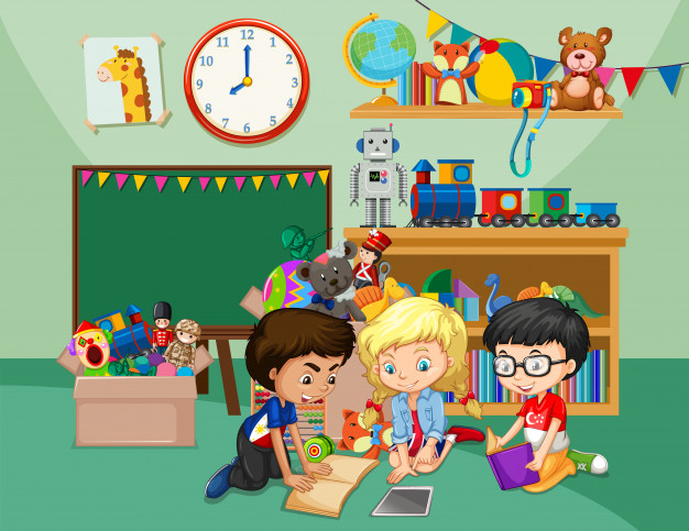Free: Scene with three kids reading books in the classroom Free Vector -  