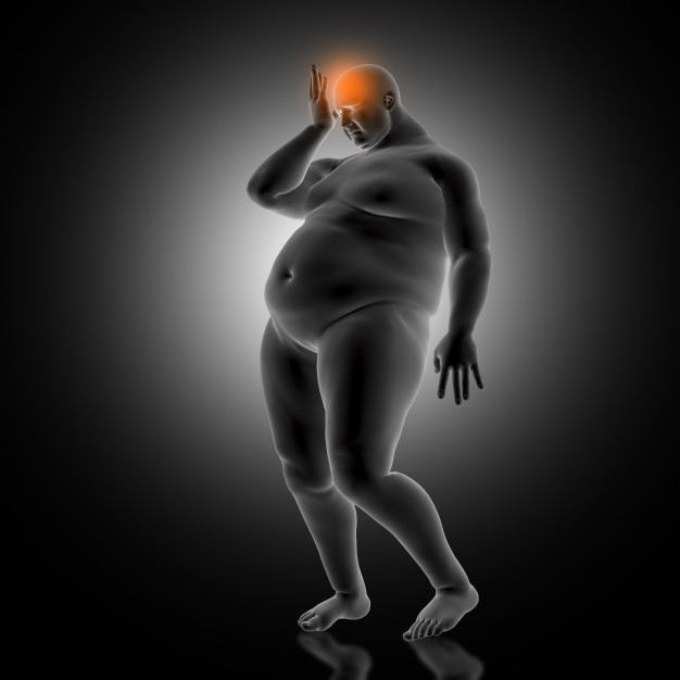background,medical,man,fitness,science,3d,head,diet,fat,pain,figure,male,holding,headache,render,obese,overweight