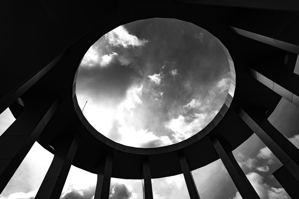 sphere,sky,light,hole,clouds,building,black-and-white,art,architecture,abstract