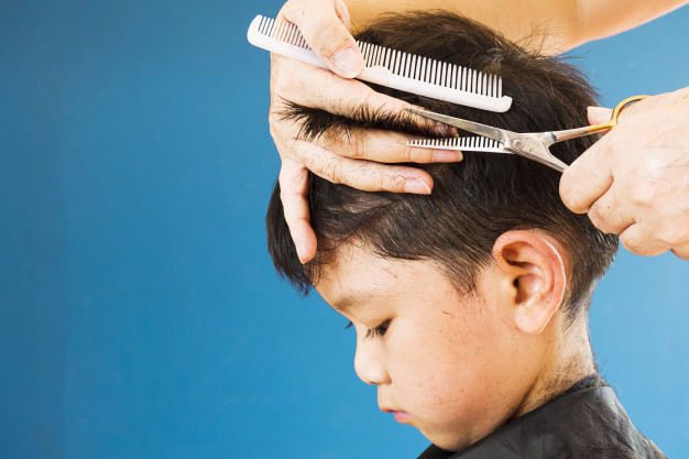 Free: A boy is cut his hair by hair dresser 